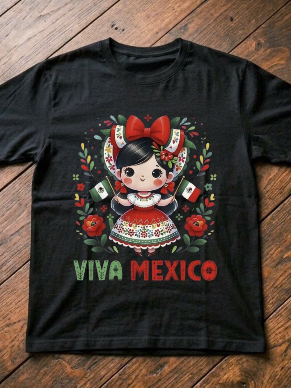 Gildan Black Tee with Red, Green and White 'Viva Mexico' Graphic